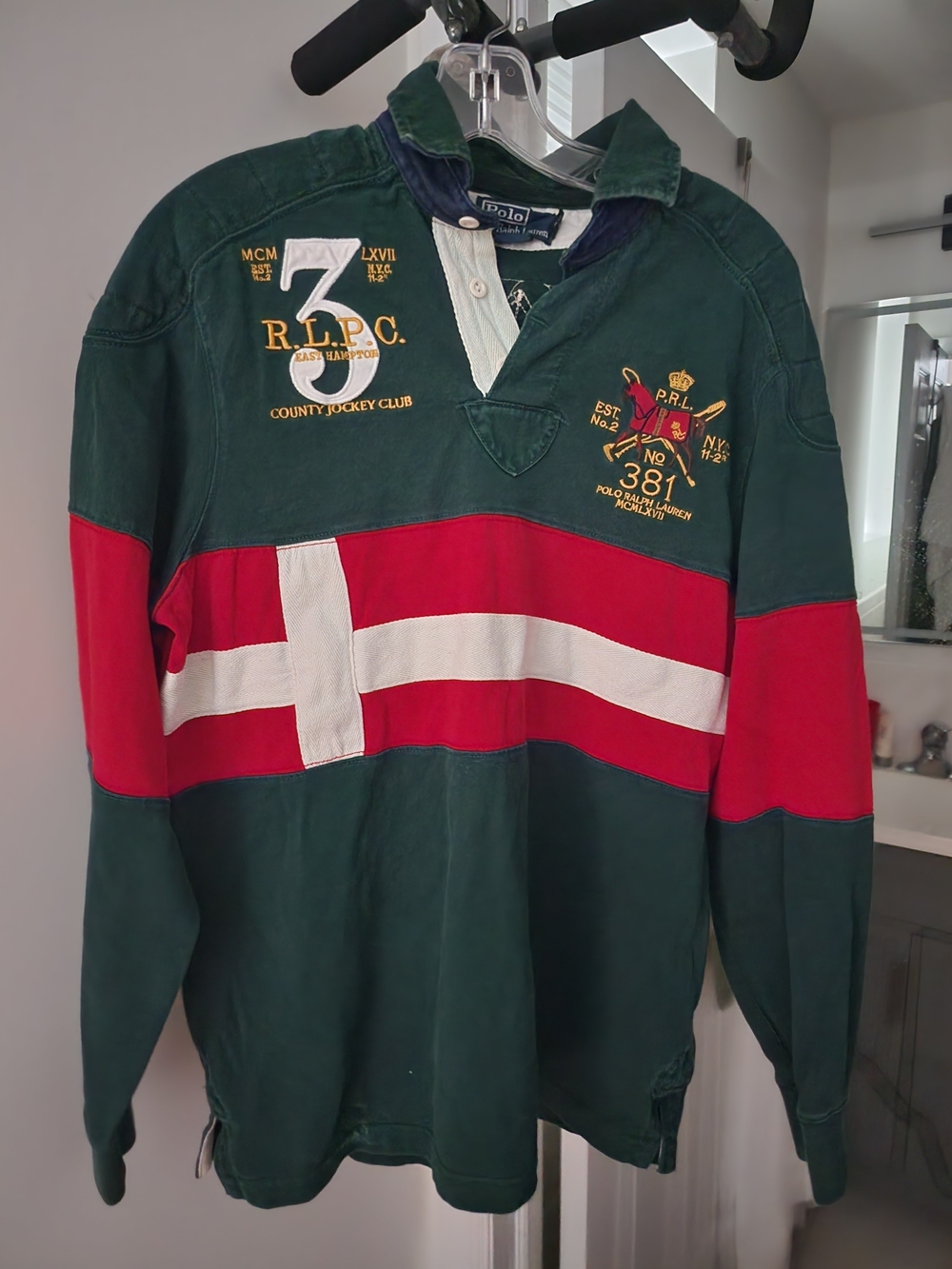 Polo by Ralph Lauren Green, Red & White Rugby Shirt with Crest. S-M
